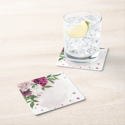 ピンクのメイブ白い花の植物性 スクエアペーパーコースター (インサイチュ)