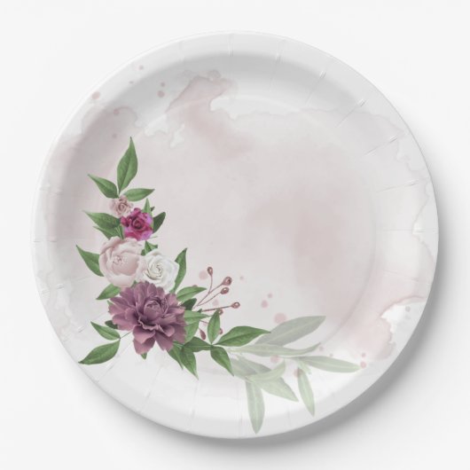 ピンクのメイブ白い花の植物性 ペーパープレート (正面)