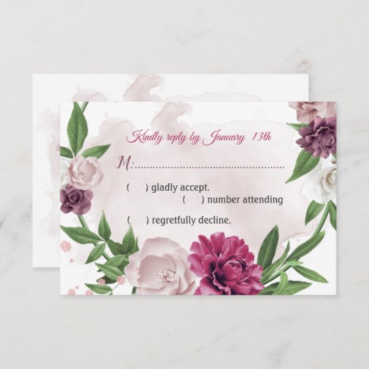 ピンクのメイブ花の植物性 出欠カード (正面/裏面)