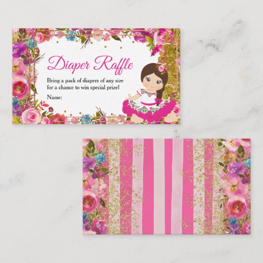 ピンクのメキシコの女の子フィエスタベビーシャワーおむつラッフル エンクロージャーカード (正面/裏面)