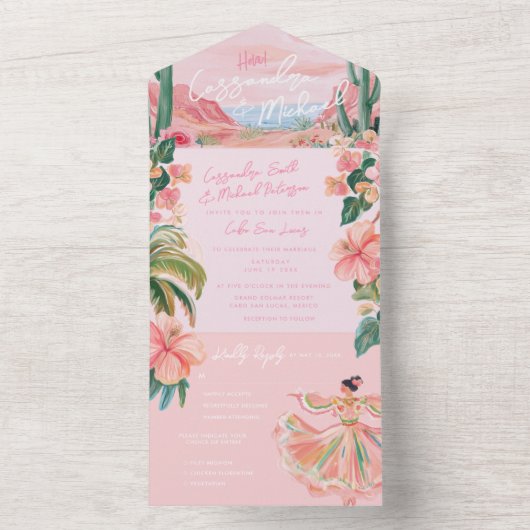 ピンクのメキシコの目的地すべて1つの結婚式の招待 オールインワン招待状 (内側)