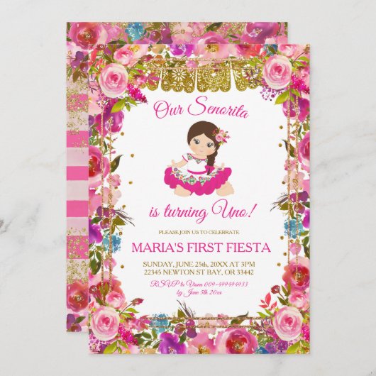 ピンクのメキシコ人女性フィエスタがウノ誕生日 招待状 (正面/裏面)