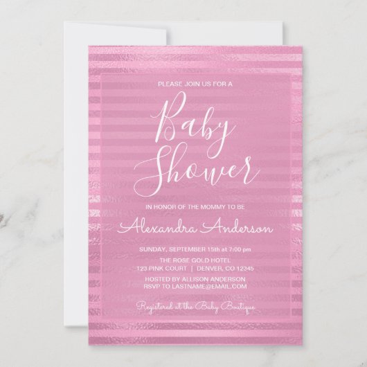 ピンクのメタリックストライプのフォイルの女の子の赤ちゃんシャワー 招待状 (正面)