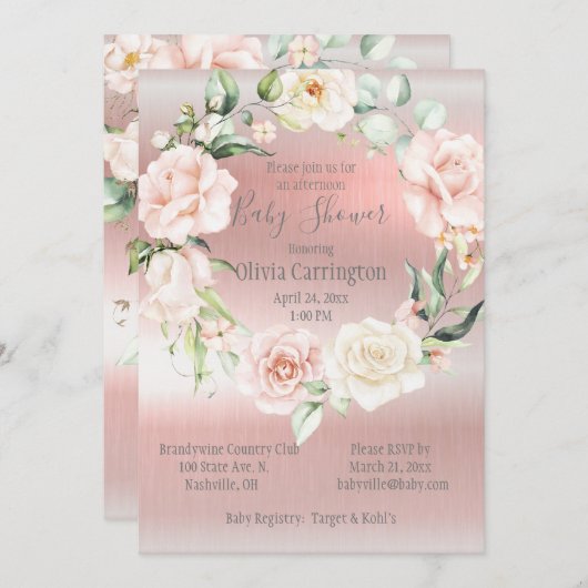 ピンクのメタリックフローラスエレガントクリプト赤ちゃん 招待状 (正面/裏面)