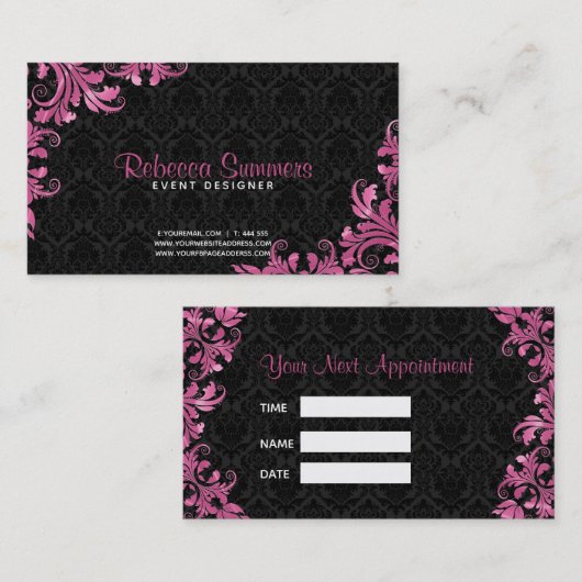 ピンクのメタリックレースブラックダマスク – アポイントメント (正面/裏面)