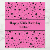 ピンクのメッセージ付き黒星誕生日 ワインラベル (シングルラベル)