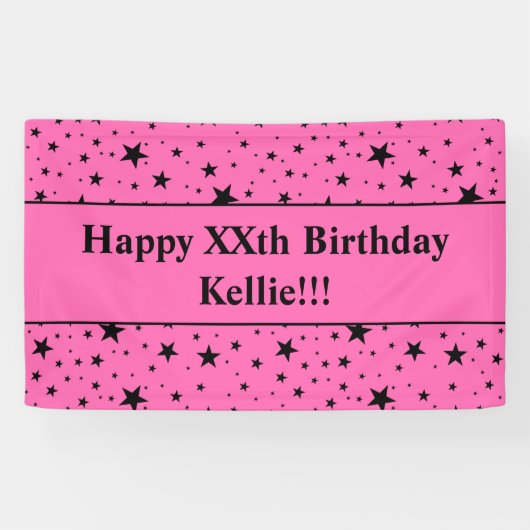 ピンクのメッセージ付き黒星誕生日 横断幕 (横)