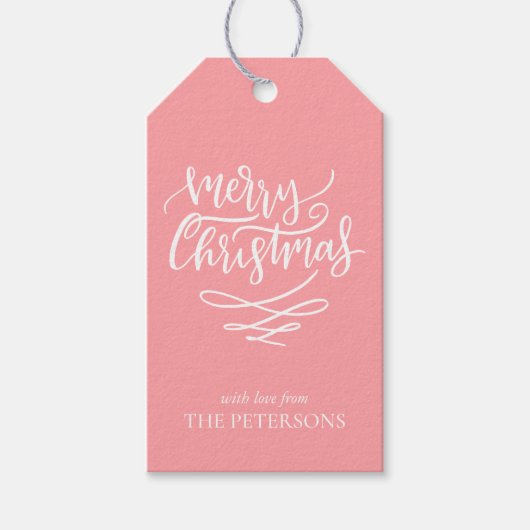 ピンクのメリークリスマススクリプトクリスマスツリー ギフトタグ (正面)