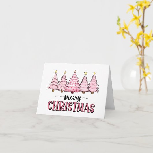 ピンクのメリークリスマスツリーのグリーティ空白のング カード (黄色い花)