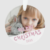 ピンクのメリークリスマスファミリーホリデーフォト オーナメント (正面)