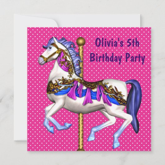 ピンクのメリーゴーランドポニー女子5歳の誕生日パーティー 招待状 (正面)