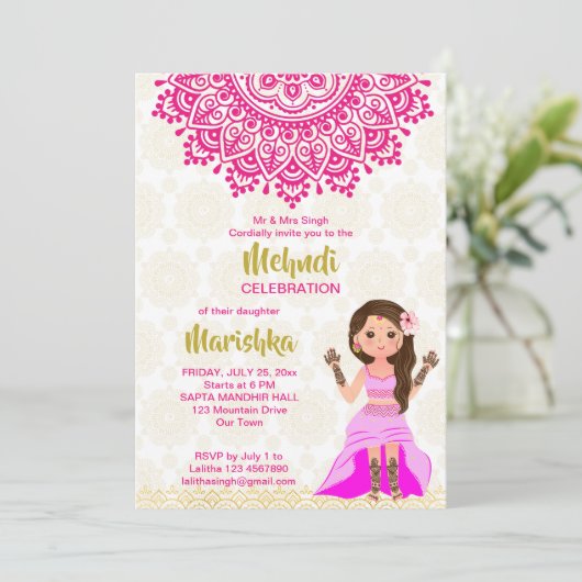 ピンクのメルディ曼荼羅かわいいインディアンガールマンガ 招待状 (スタンド正面)