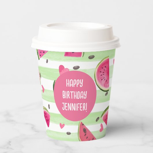 ピンクのメロンで1つ、女の子の夏の最初の誕生日 紙コップ (正面)