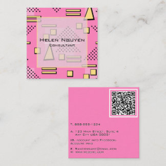 ピンクのメンフィス風レトロ80s QRコードコンサルタント スクエア名刺