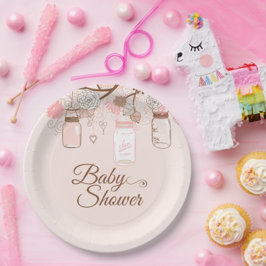 ピンクのメーソンジャーの花の女の赤ちゃんのシャワーの紙皿 ペーパープレート (パーティー)