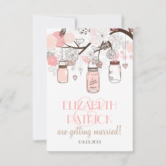 ピンクのメーソンジャースと愛の鳥RSVP結婚式の招待 出欠カード (裏面)