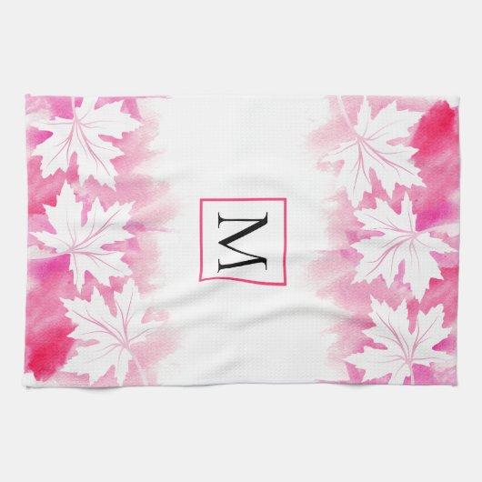 ピンクのメープルリーフの水色の洗い物とモノグラム キッチンタオル (横)