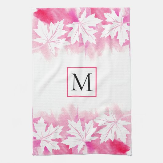 ピンクのメープルリーフの水色の洗い物とモノグラム キッチンタオル (縦)