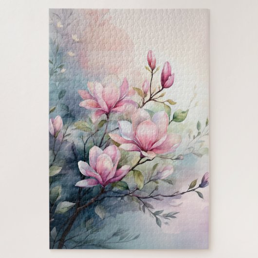 ピンクのモクレン開花　植物画 ジグソーパズル (縦)