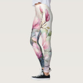 ピンクのモクレン（木蓮）の花　植物画モノグラム入り レギンス (左)