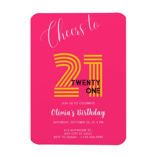 ピンクのモダンで大人っぽい21歳の誕生日招待状 マグネット (縦)