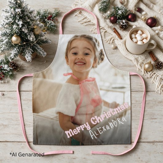 ピンクのモダンなクリスマスの写真とテキストのカスタマイズ エプロン