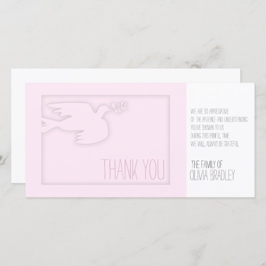 ピンクのモダンの鳩のベビーのカスタムな悔やみや弔慰は感謝していしています サンキューカード (正面/裏面)