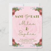 ピンクのモダンフローラ日付カードの保存招待状 セーブザデート (正面)