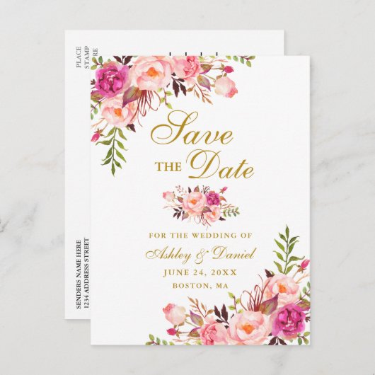 ピンクのモダンフローラ金ゴールド日付の保存 案内ポストカード (正面/裏面)