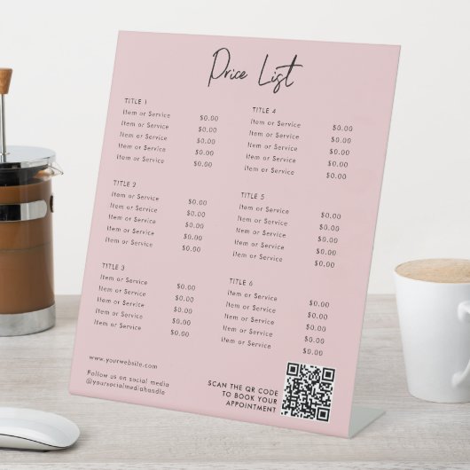 ピンクのモダン価格表メニューQRコードソーシャルメディア 台座サイン (インサイチュ)