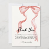 ピンクのモダン弓エレガント女の子の赤ちゃんシャワー サンキューカード (正面)