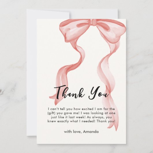 ピンクのモダン弓エレガント女の子の赤ちゃんシャワー サンキューカード (正面)