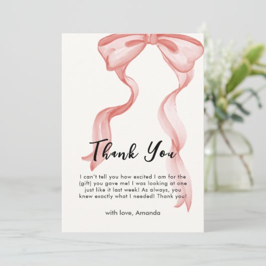 ピンクのモダン弓エレガント女の子の赤ちゃんシャワー サンキューカード (スタンド正面)