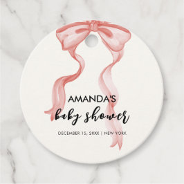 ピンクのモダン弓エレガント女の子の赤ちゃんシャワー フェイバータグ
