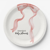 ピンクのモダン弓エレガント女の子の赤ちゃんシャワー ペーパープレート (正面)