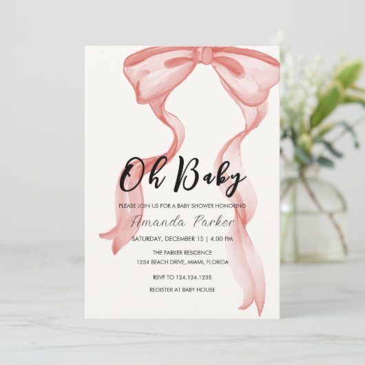 ピンクのモダン弓エレガント女の子の赤ちゃんシャワー 招待状 (スタンド正面)