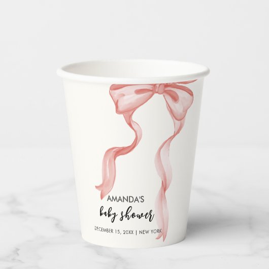 ピンクのモダン弓エレガント女の子の赤ちゃんシャワー 紙コップ (正面)