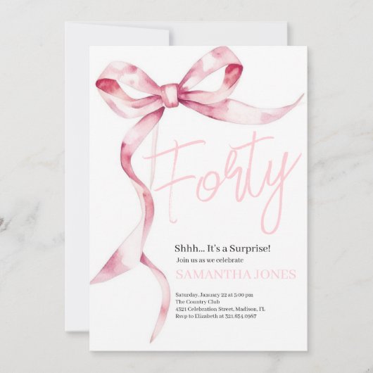 ピンクのモダン弓40歳の誕生日パーティー 招待状 (正面)