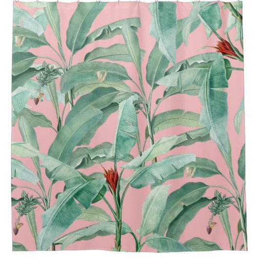 ピンクのモダン水彩熱帯バナナパームリーフ シャワーカーテン (正面)