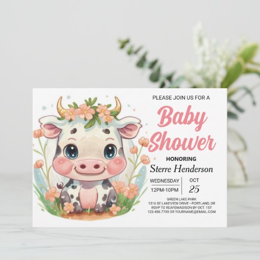 ピンクのモダン牛のエレガント赤ちゃんシャワー 招待状 (スタンド正面)