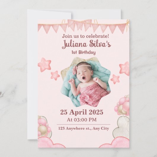 ピンクのモダン誕生日招待状 招待状 (正面)