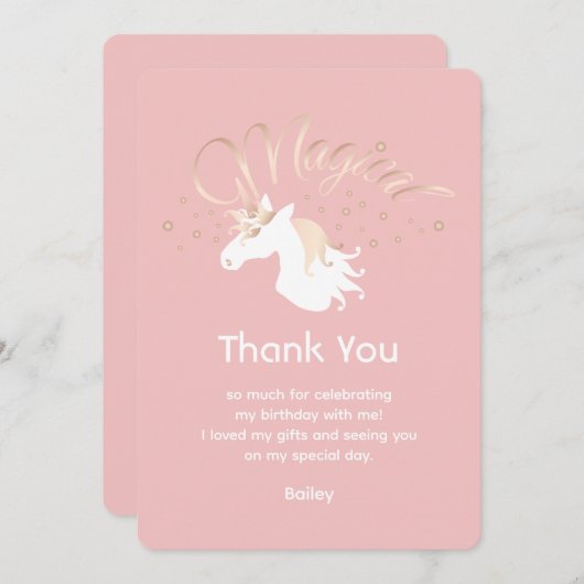 ピンクのモダン魔法のユニコーンサンキューカード サンキューカード (正面/裏面)