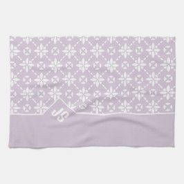 ピンクのモノグラムに白い花のタイルのパタ縁どーン キッチンタオル