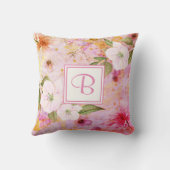 ピンクのモノグラムのスクリプトフローラ水色ヴィンテージ クッション (裏面)