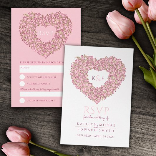 ピンクのモノグラムのチューリップ花ハートRSVP 結婚's 出欠カード