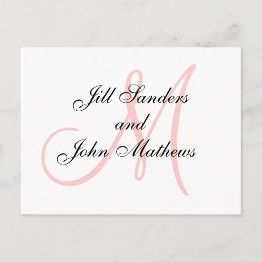 ピンクのモノグラムの結婚式は日付カードを保存 案内ポストカード (正面)