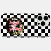 ピンクのモノグラムの花の黒と白のカスタ市松模様にス Case-Mate iPhoneケース (裏面 (横))