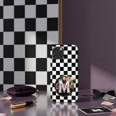 ピンクのモノグラムの花の黒と白のカスタ市松模様にス Case-Mate iPhoneケース