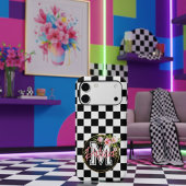 ピンクのモノグラムの花の黒と白のカスタ市松模様にス Case-Mate iPhoneケース