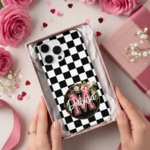 ピンクのモノグラムの花の黒と白のカスタ市松模様にス